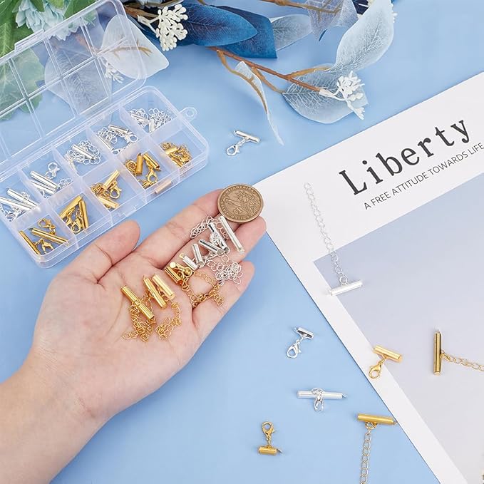 PH PandaHall Gold Silver Tube Slider End Caps 40pcs Multylayers Connector Clasp 10 Size Beading Slide Tube Cord Ends with Lobster Claw Clasps Kit for DIY Multi-Strand Necklace Earring Jewelry Making