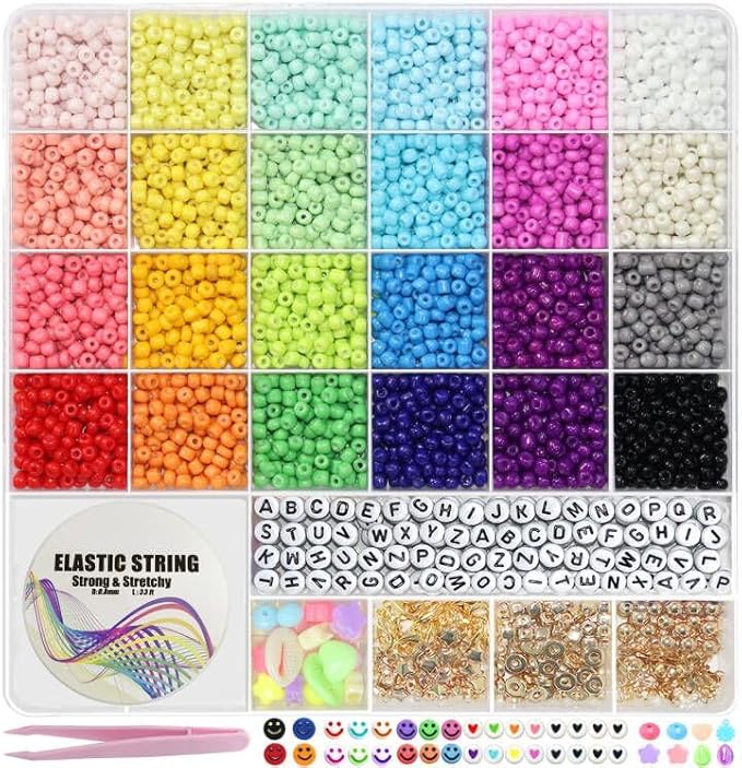LIS HEGENSA 24 Color 8000pcs 3mm Glass Seed Beads for Jewelry Bracelet Making Kit, Small Beads Friendship Bracelet Kit, Tiny Waist Beads Kit with Letter Bead, DIY Art Craft Girls Gifts