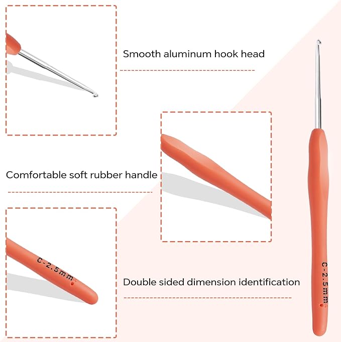 2.5mm Crochet Hook, Ergonomic Crochet Hooks with Soft Rubber Handle and Smooth Glide Head - Lightweight Aluminum Needles for Beginners, Arthritis, Yarn Projects, Long Crafting Sessions (2.5 mm)