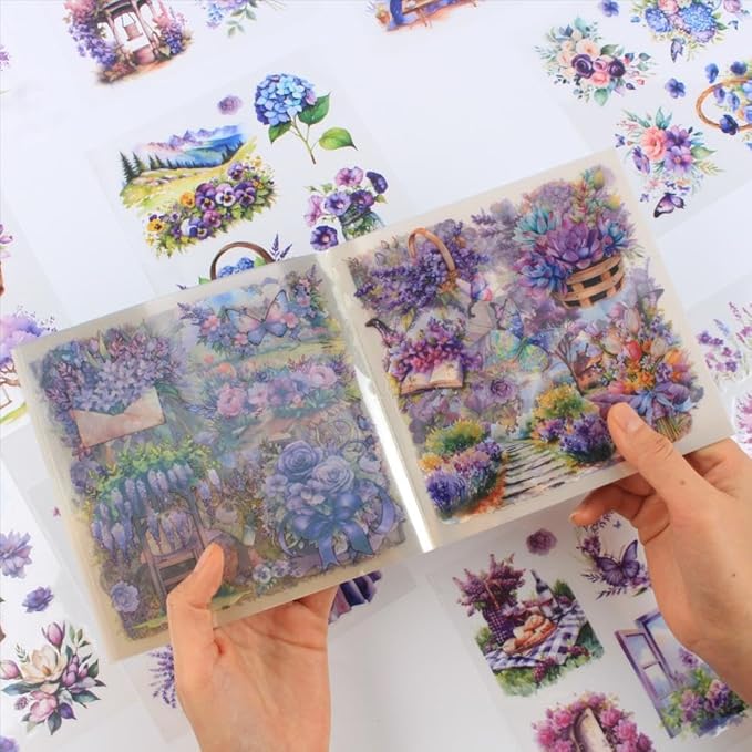 30 Sheets Precut Purple Garden Landscape Stickers Book for Junk Journal Supplies, Transparent PET Stickers for Journaling, Scrapbooking, Bujo, Collage, Card Making