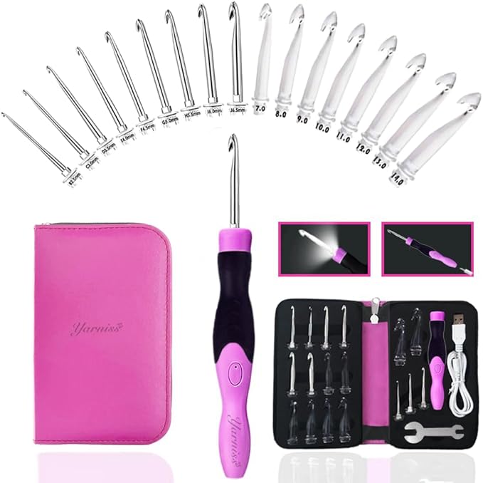 Yarniss 17 Size Lighted Crochet Hooks Set 2.5 mm to 14.0 mm, Metal Rechargeable Light Up Crochet Hooks with Case
