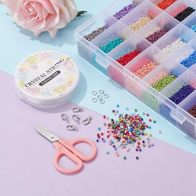 24000 Pcs 2mm Glass Seed Beads Bracelet Making Kit, Small Beads Friendship Jewelry Craft Kit with Lobster Clasps, Jump Rings & Elastic Cord, DIY Art Craft Gift for Girls