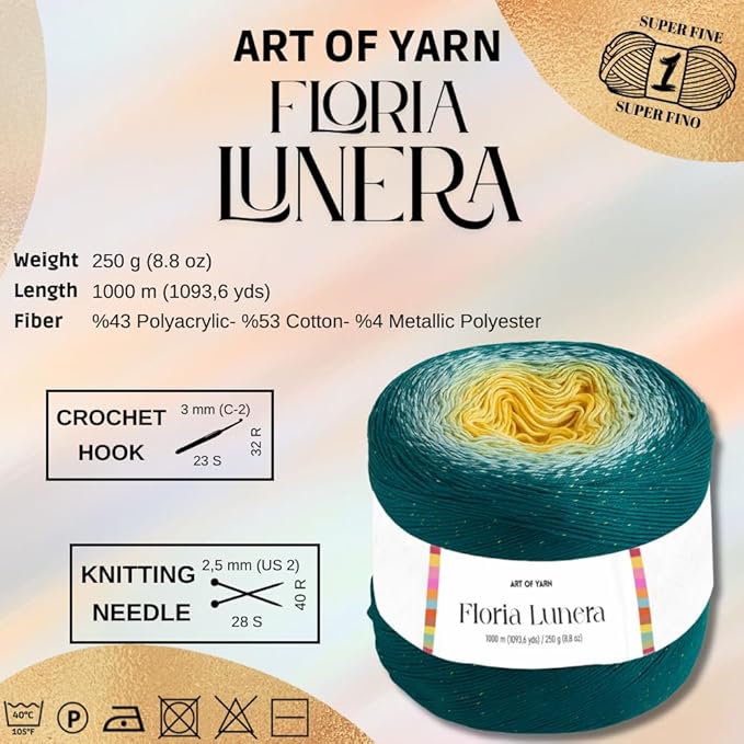 Floria Lunera Cotton Yarn 55% Cotton 45% Acrylic 250g 1093 Yards Multicolor Rainbow Crochet Yarn Handknit Cake Soft Variegated Yarn for Spring Summer Projects Blankets Scarves-93270