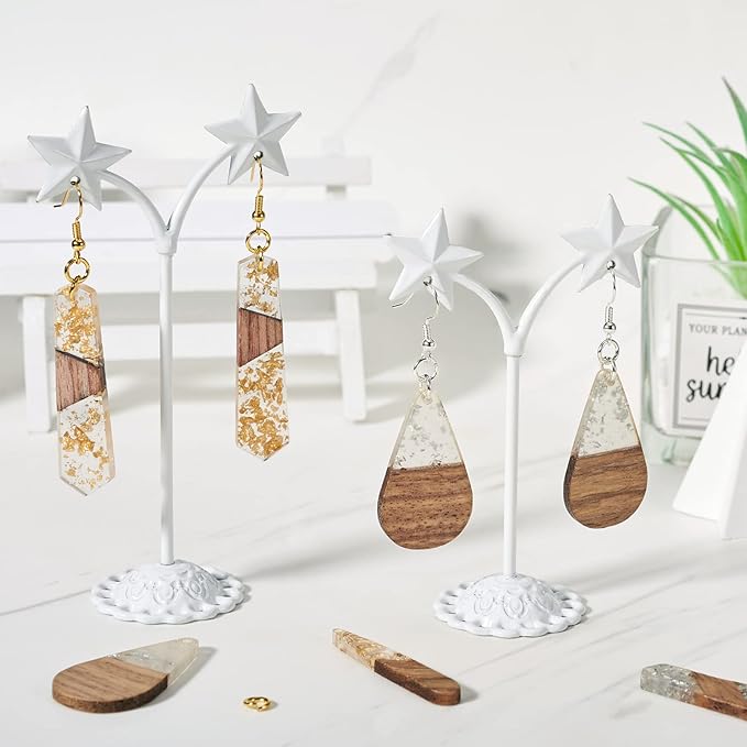 Beadthoven 88pcs Glittery Resin Wood Pendants Earrings Making Kit Gold Foil Wooden Earring Blanks Teardrop Rectangle Geometry Wood Earring Charms for Jewelry Making with Earring Hooks Jump Rings