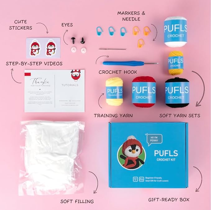 PUFLS Penguin Crochet Kit for Beginners Kids, Beginner Crochet Kit for Adults and Kids with Video Tutorials, Crochet Kits with Mini Crochet Animals, Knitting Kit for Beginners and Cute Crocheting Kit