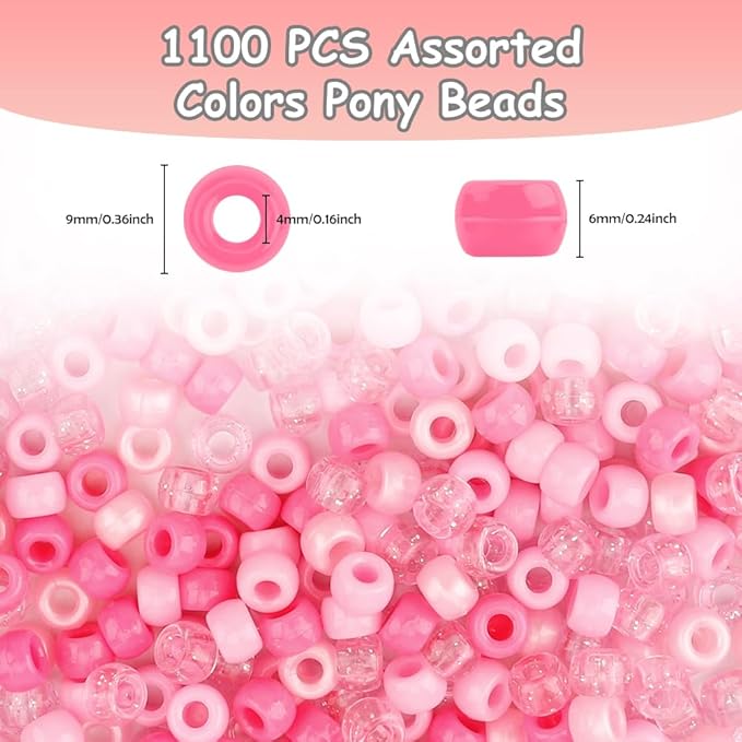 anpiwshjo valentine's day pony beads 1100 pcs, pink beads for jewelry making, bead for bracelets making, plastic hair bead for braids for girls(pink color scheme)