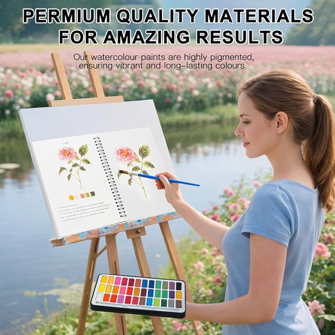 Spiral-Bound Watercolor Workbook with Guided Flower Illustrations – Beginner Painting Practice Book with Themed Sketch Pages, Includes 36 Color Watercolor Set & Brushes (Flowers)