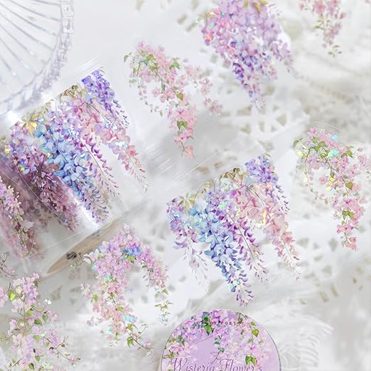 Holographic Garden Plant PET Tape Stickers for Journaling and Scrapbooking, 6 Rolls Precut Flower Branch Vines Decorative Tapes for Junk Journal Supplies, Bujo, Planners, DIY Crafts