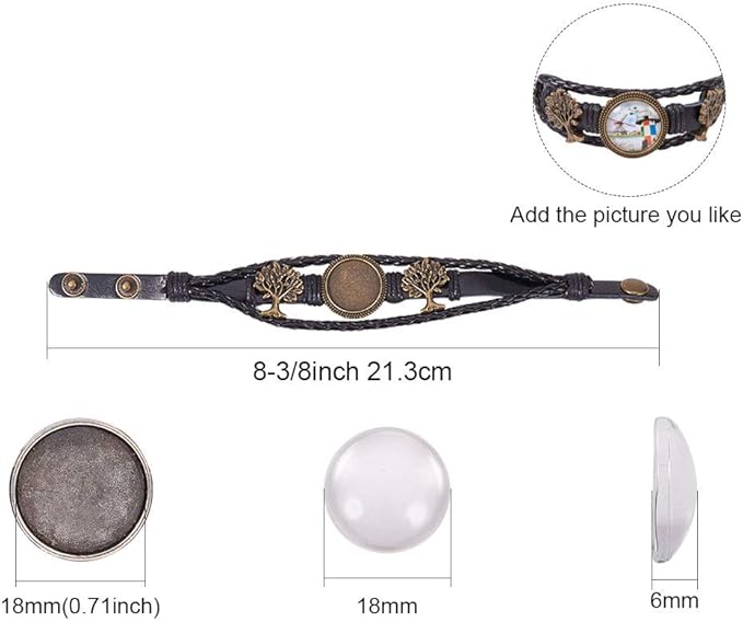 SUNNYCLUE DIY Braided Leather Bracelet Making Kit Multilayer Rope Bangle Cuff Wristband with Blank Alloy Cabochon Bezel Tray, Clear Glass Cabochon 18mm, Button Adjust, Tree