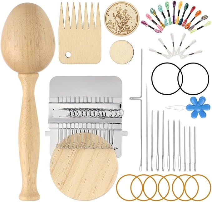 Varku Darning Egg Weaving Tool Set with Small Weaving Loom Kit, Darning Thread Set for Handcraft DIY, Egg-Shaped Patch Weaving Tool for Socks, 14-Hook Mini Speedweve Style Weaving Loom