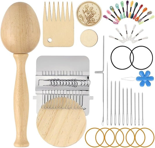 Varku Darning Egg Weaving Tool Set with Small Weaving Loom Kit, Darning Thread Set for Handcraft DIY, Egg-Shaped Patch Weaving Tool for Socks, 14-Hook Mini Speedweve Style Weaving Loom