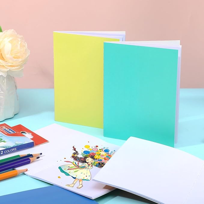 Prudiut 8 Pack Blank Books for Artist with 12 Colored Pencils, A6 Theme Sketchbook Set, 4.1x5.5 inch Mini Journals for Writing Stories, Bulk Notebooks Gifts