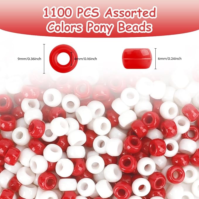 1100 pcs beads,pony beads,beads for jewelry making,beads for bracelets,hair beads,craft beads,plastic beads for crafts,hair beads for kids girls,kandi beads,small beads,red white pony beads(redwhite)