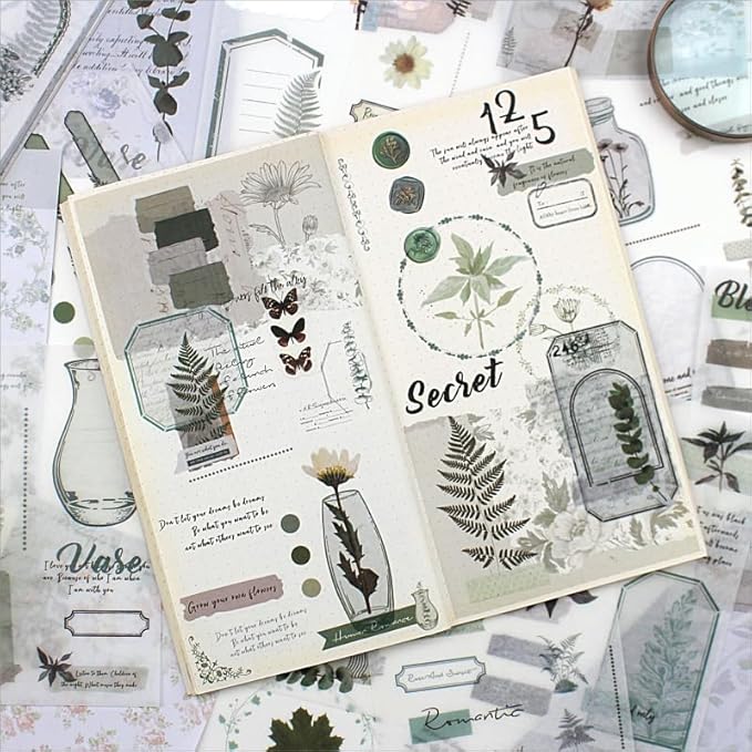 40 Sheets Nature Themed Washi Stickers Book for Adults, 180pcs Botanical Plant Stickers with 20 Adhesive Aesthetic Papers Ephemera for Bullet Junk Journaling Scrapbook Supplies