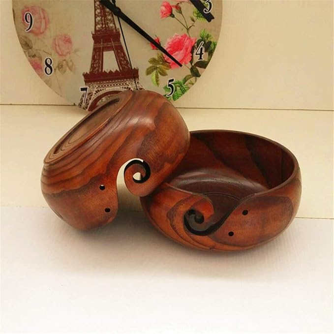 1 Pcs Wooden Yarn Bowl with Lid, Crafted Wooden Weaving Thread Bow with Carved Holes, Premium Knitting Storage Accessories & Supplies, Handcrafted Round Yarn Ball Bowl Brown Box, 16 CM #02