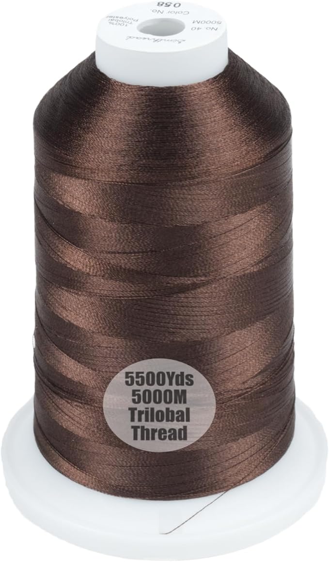 Simthread Trilobal Polyester Thread – 5000M (5500yds) No.40 – Super Sheen, Tangle-Free – Built-in Thread Lock Spool – Compatible with Brother, Singer, Janome & More, Dark Brown-058