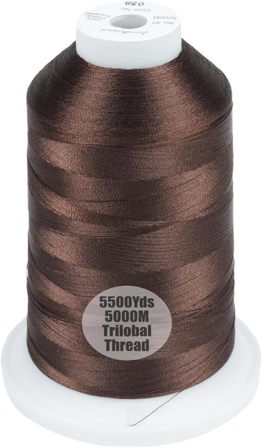 Simthread Trilobal Polyester Thread – 5000M (5500yds) No.40 – Super Sheen, Tangle-Free – Built-in Thread Lock Spool – Compatible with Brother, Singer, Janome & More, Dark Brown-058