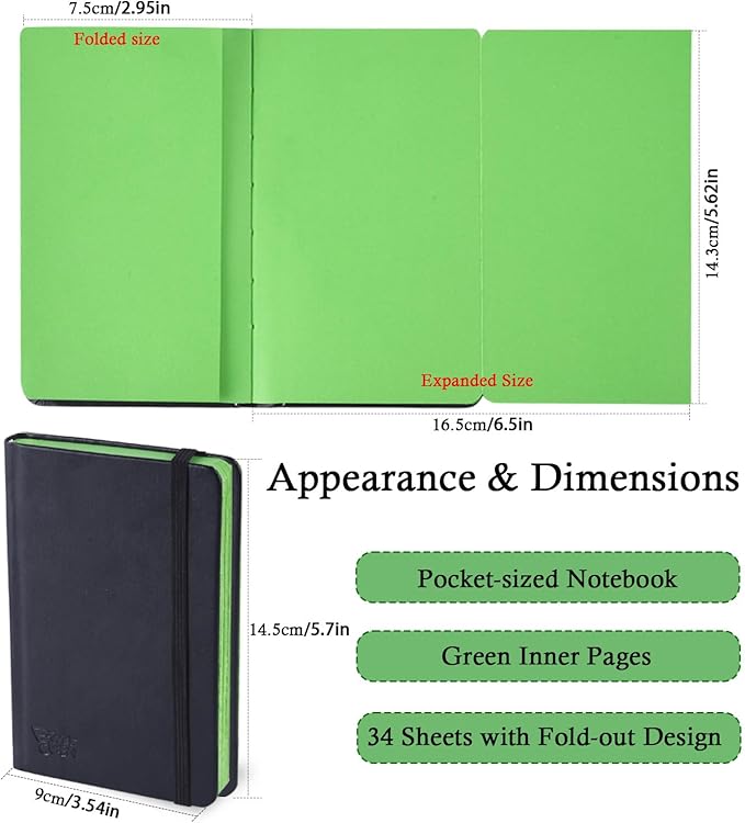 Small Premium Green Art Sketchbook,5.7 x 3.54 inches Mixed Media Notebook,34 Sheets 120 GSM Acid-Free Folding Drawing Papers, Hardcover Pocket Journal Sketchbook for All Artists