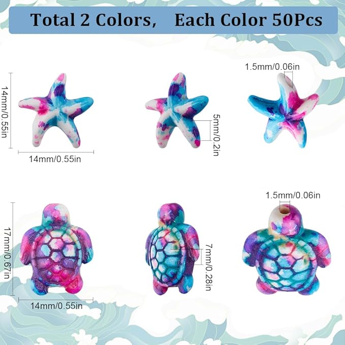 SUNNYCLUE 100PCS 2 Styles Purple Turquoise Beads Turtle Starfish Beads Summer Hawaii Ocean Animal Sea Life Lucky Gemstone Loose Spacer Beads Bulk for Jewelry Making Beading Kit Bracelets Craft Supply