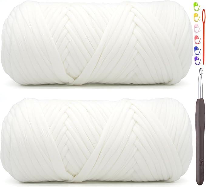 2 Pack Tshirt Yarn for Crocheting,White T Shirt Chunky Elastic Fabric Thick T-Shirt Crochet Yarn for Beginners Crocheting Hand Knitting Bag/Basket/Coasters/DIY Crafts/Home Decor 2 * 200G(White