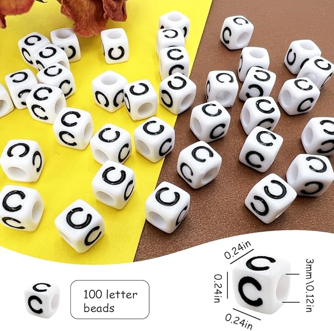 MIIIM 100pcs Pony Beads Letter C for Keychains Making, 6x6mm Large Hole Square Letter Beads for Bracelets Making, Alphabets, Numbers (White and Black)