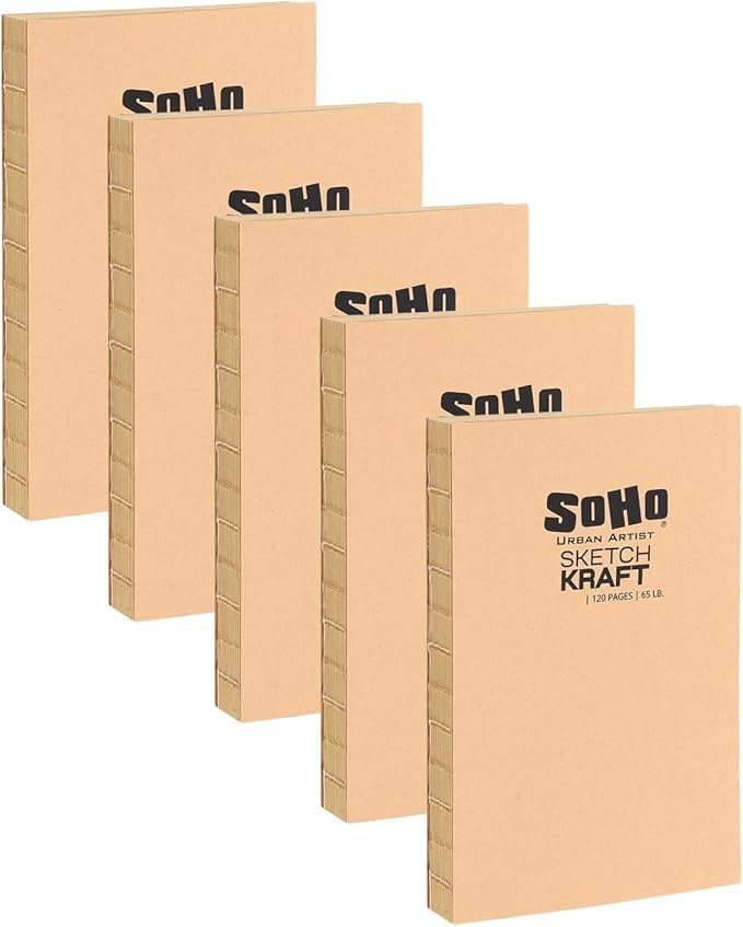 SoHo Urban Artist Open Bound Sketch Pads 5 Pack - Kraft - 11x14 - Open Coptic Bound Sketch Pads for Drawing, Calligraphy, Any Dry Media, & More - 600 Sheets Total