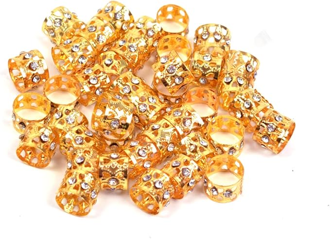 40 Pcs Golden Dreadlocks Beads Rhinestone Hair Rings Aluminum Adjustable Metal Hair Cuffs Beads Rings for Braids Hair Clip Decoration