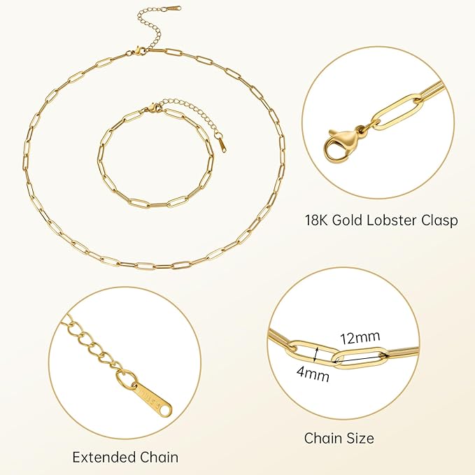 SMYHTGLIF 20 Pack Paperclip Chain Bulk Necklace Bracelet for Jewelry Making 4mm Gold Plated Stainless Steel Necklace Bracelet for Women
