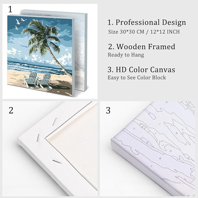 Natuyalo Framed Paint by Numbers for Adults Beginner, Beach Chair Acrylic Easy Paint by Numbers Kits with Frame Seascape Art Craft Kits for Adults Suitable for Wall Decoration 12x12 Inch