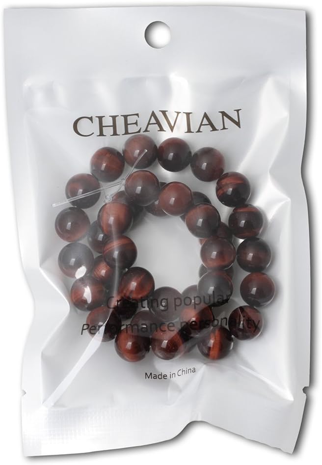 cheavian 35pcs 10mm natural red tiger eye gemstone round loose beads for jewelry making diy findings 1 strand 15"