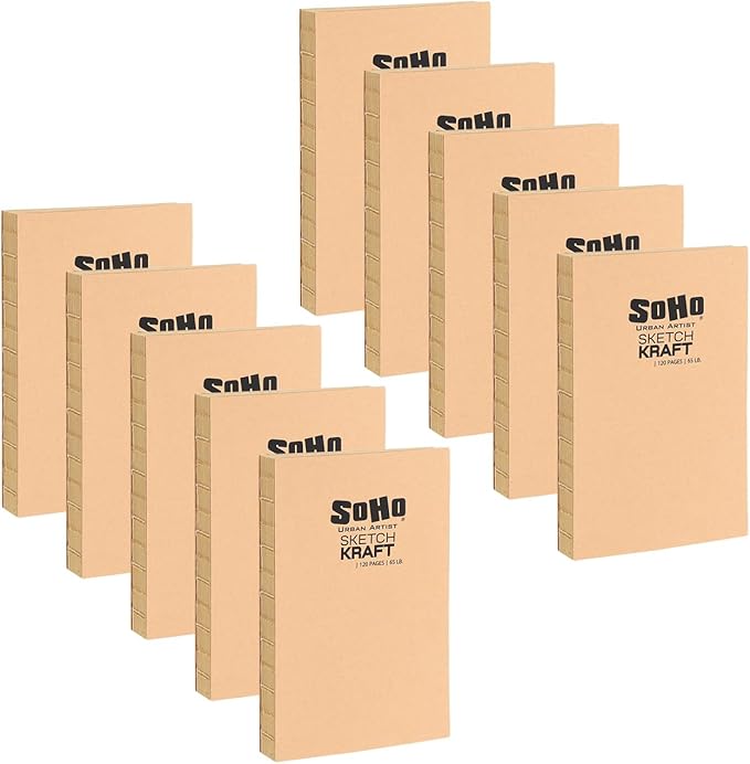 SoHo Urban Artist Open Bound Sketch Pads 10 Pack - Kraft - 5.6x8.26 - Open Coptic Bound Sketch Pads for Drawing, Calligraphy, Any Dry Media, & More - 1200 Sheets Total