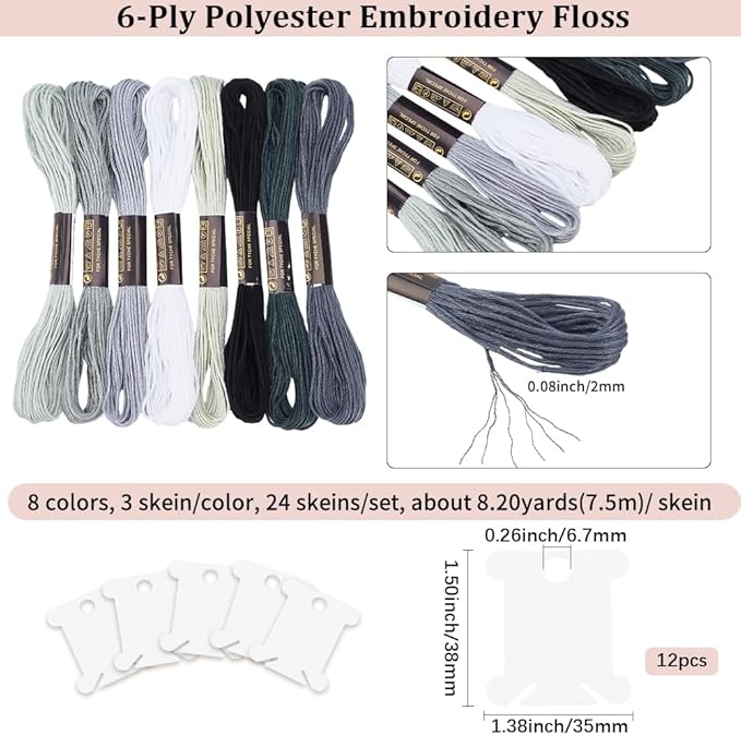 24 Skeins 6 Strands Variegated Grey Cross Stitch Threads Embroidery Floss Gradient Friendship Bracelets Yarn String Bulk with Floss Bobbins for Hand Sewing Jewelry Knitting Crafts Crochet