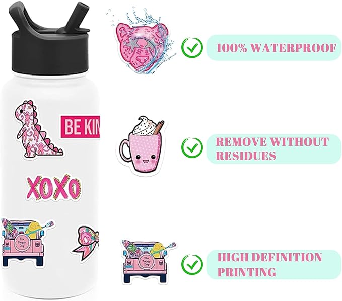 102 pcs preppy stickers vinyl aesthetic waterproof stickers adorable decor supplies pink party suitable for mobile phone computer skateboard water bottle suitcase car etc