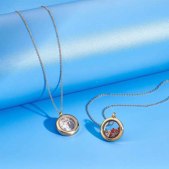 UNICRAFTALE 2 Sets Stainless Steel Memory Locket Necklace Golden Flat Round DIY Picture Photo Necklace Making Kit Memory Necklace with Crystal Double Sided Frame Glass Container Floating Charms