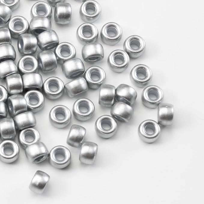 1000 Pcs Acrylic Silver Pony Beads 6x9mm Bulk for Bracelet Necklace Jewelry Making Earring Hair Braiding