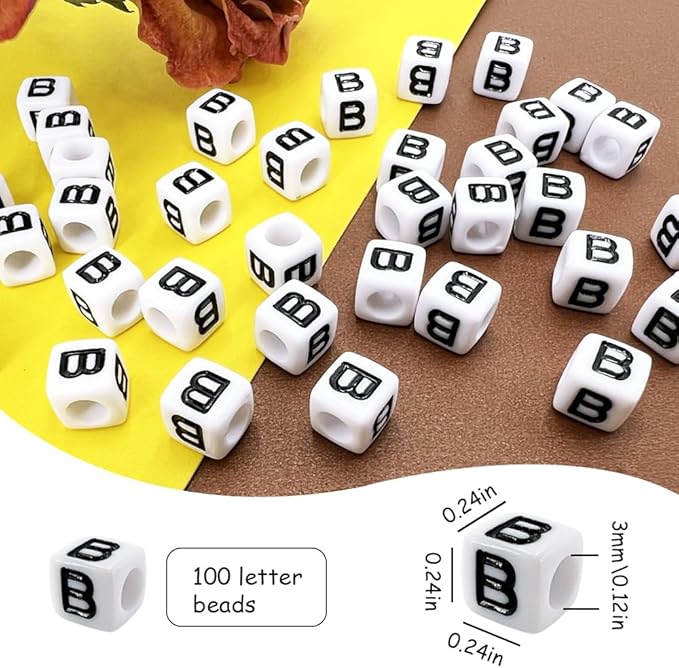 MIIIM 100pcs Pony Beads Letter B for Keychains Making, 6x6mm Large Hole Square Letter Beads for Bracelets Making, Alphabets, Numbers (White and Black)