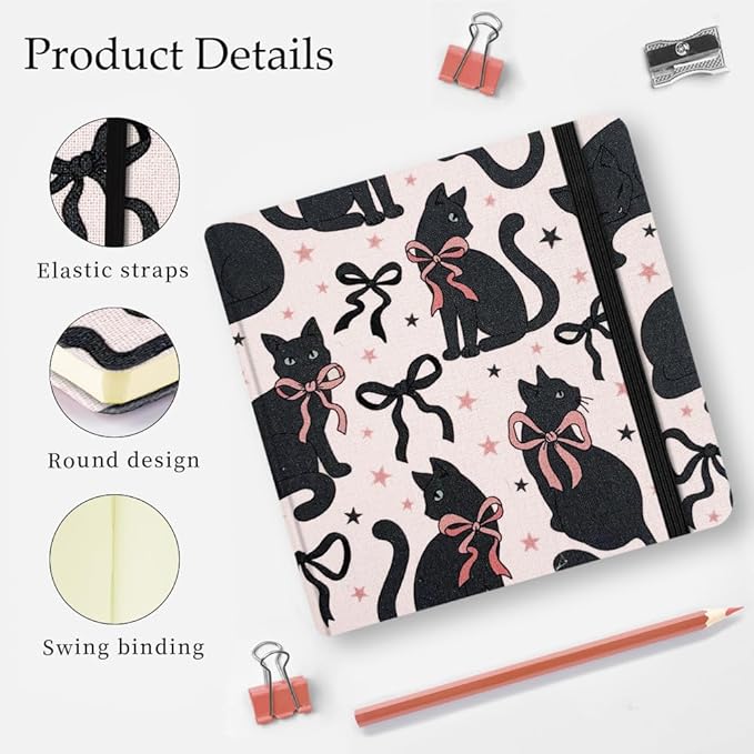 Mifuner 4.8x4.8in 80gsm Mini Notebooks Art Blank Pages Sketchbooks Travel Journal Pocket Hardcover Paint Writing Notebook Blank Diary Memo Planner Sketchbook Fabric Cover.Black Cat