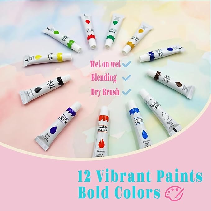 Mini Watercolor Paint Set, Travel Watercolor Set, Watercolor Kit, Pocket Artist Water Color Set with Paint, Brush, Storage Pouch, Sketchbook & Copper Clip for Beginners, Artists & Painting Enthusiasts