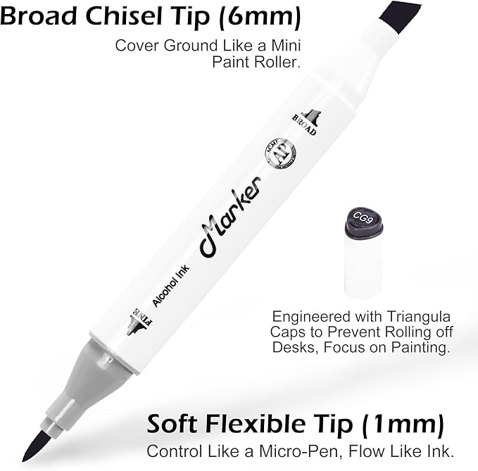 Grey Gray Alcohol Markers, 6 Pack Dual Tips Soft Fine Tip and Broad Tip Permanent Art Marker for Artists Adults Coloring Drawing Illustration Sketching Painting (Grey)