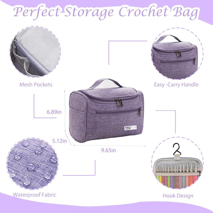 yarniss crochet kits for beginners with instruction, all-inclusive crochet set include 840 yards yarn&14 sizes crochet hooks, crocheting kit for adult with bag,purple