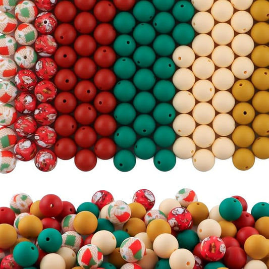150Pcs Mixed Color 15mm Silicone Beads for Keychain Making, Mustard Red Christmas Print Silicone Beads for Pens and Bracelet Jewelry Making