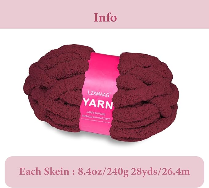 Chunky Yarn for Hand Knitting and Blankets – Super Soft Jumbo Chenille Yarn Pack for Crocheting, Bulky DIY Projects, 8 Skeins(Wine Red)