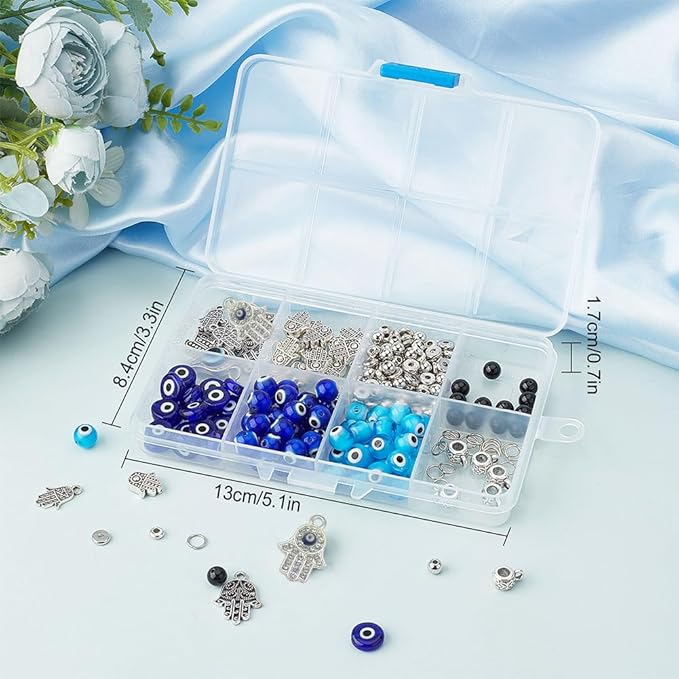 SUNNYCLUE 1 Box 240Pcs 6 String Evil Eye Bracelets Making Kit 8mm/10mm Evil Eye Beads Bulk Lampwork Glass Beads Blue Hamsa Hand Charms for Jewelry Making Kits Women Adults DIY Bracelets Crafts