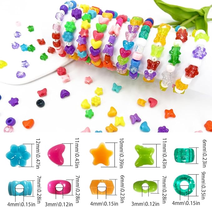 MIIIM 1000Pcs 6x9mm Pony Beads Shapes in 5 Styles 21 Colors, Heart, Star, Butterfly, Flower, Assorted Kandi Beads for Friendship Bracelet, Big Hole Hair Braids Crafts, Jewelry Making (Multi-Colored)