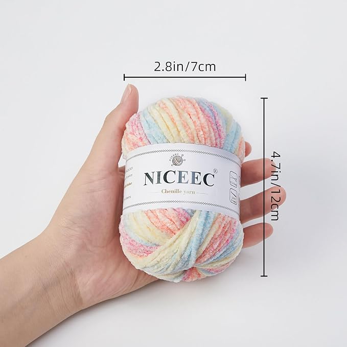NICEEC 3 Skeins Soft Chenille Yarn Blanket Yarn for Knitting Fancy Yarn for Crochet Weaving DIY Craft Total Length 3×85m (3×93yds, 3×50g)_Candy