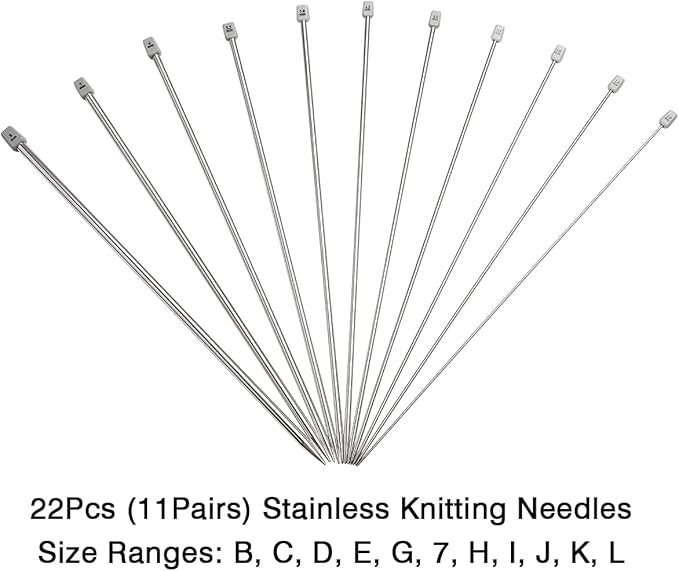 KOKNIT 13.5'' Knitting Needle Set, 22PCS 2mm(B)-8mm(L) Straight Lightweight Single Pointed Stainless Sweater Needles Set with Teel Slocking Stitch Makers