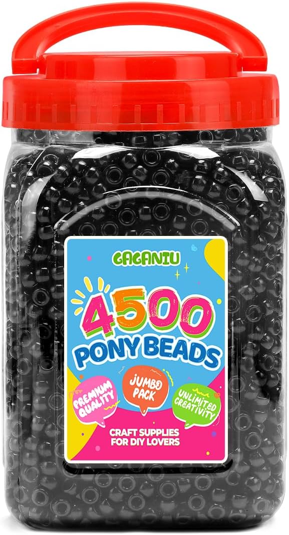pony beads 2.5 lb – 4500+ black 6x9mm plastic kandi beads in handle bucket for craft supplies, jewelry making, bracelets, hair braiding & diy projects