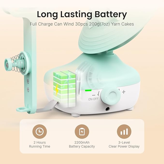 Cordless Yarn Winder, 2H Running Time Rechargeable Electric Yarn Cake Winder with 2200mAh Battery, Compact Yarn Winder for Crocheting Auto Yarn Spinner, Ideal Helper for Craft Lovers(Mint)