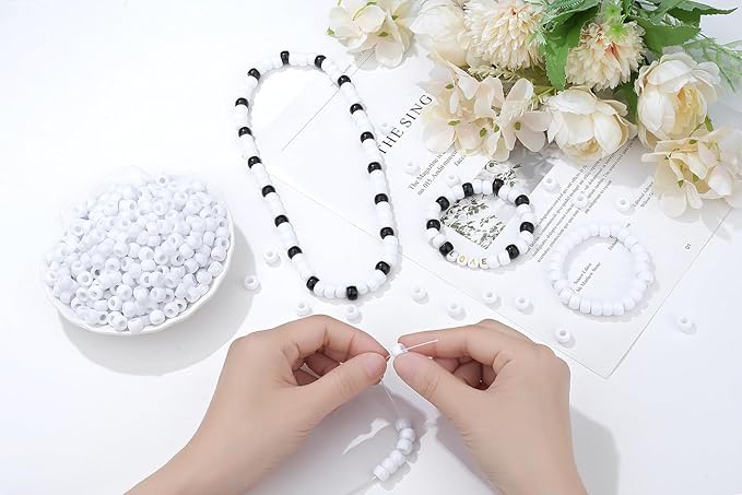 1000Pcs White Pony Beads Kit 6x9mm Perler Bulk Bead for Bracelets Crafts, Kandi Beads, Hair Braids Clay Plastic Bead for Necklace Keychain Jewelry Making(White)