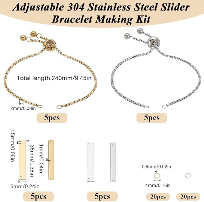 SUNNYCLUE 1 Box 10 Sets Engraving Bracelets Blanks Stainless Steel Adjustable Bracelet Kit Gold Silver Engravable Rectangle Charm Bracelets Simple Set for Jewelry Making DIY Bracelets Supplies Women